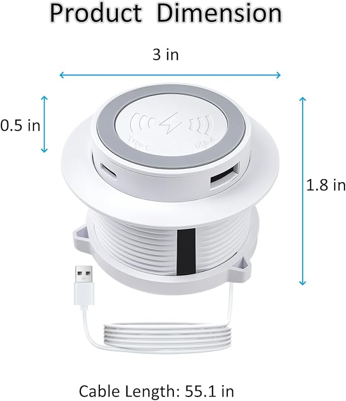 Desktop Wireless Charger Pop Up 15W Fast Retractable Desktop Charger Invisible Charging Station with USB A and Type C Ports Recessed Desktop Charging for Desk Furniture - White