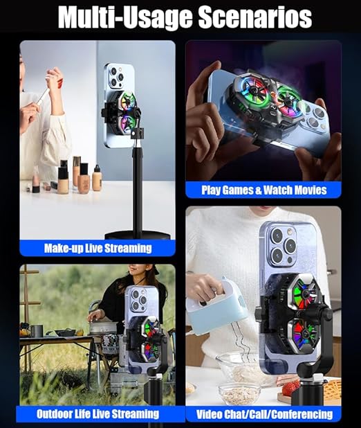 Mobile Phone Cooler with RGB Backlight and Temp Display Cellphone Cooling Fan with Dual Semi-Conductor Cooling Chip Compatible for iPhones/Android Phone Width from 6 to 8 cm