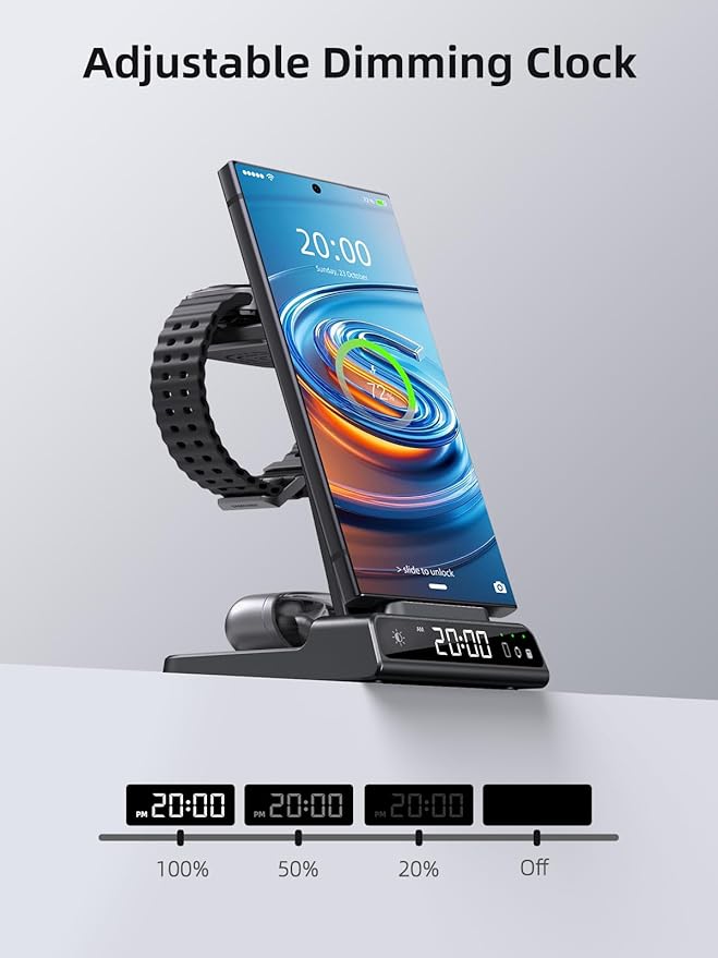 Wireless Charger Samsung Charging Station: 3 in 1 Android Charging Stand with Dimmable Clock - Nightstand Organizer for Galaxy S25 Ultra S24 Galaxy Watch 8 7 6 5 4 Galaxy Buds Space-Saving Charger