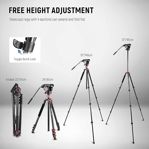 NEEWER 72 Fluid Head Video Tripod Monopod Aluminum Alloy QR Plate Compatible with DJI RS Gimbal 360° Pan &amp +90°/-70° Tilt for DSLR Camera Camcorder Max Load 13.2lb/6kg TP72A