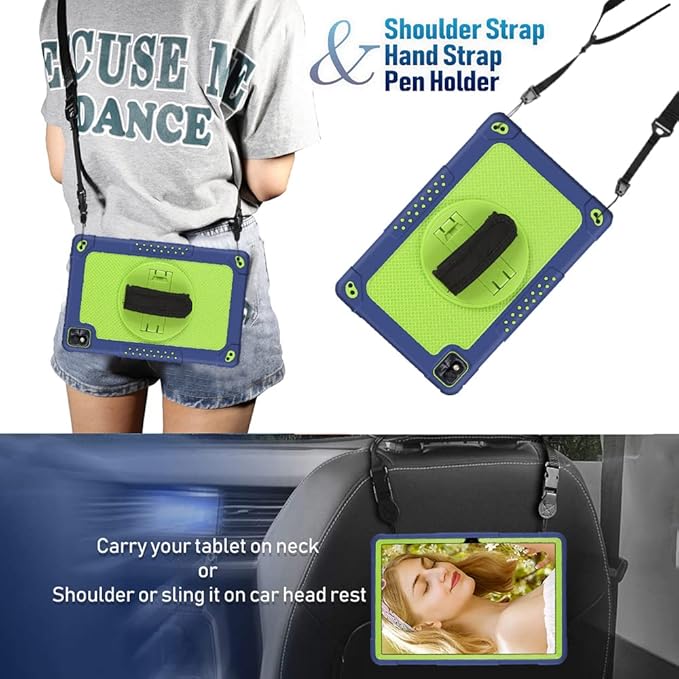 Mignova for TCL Tab Pro 5G Tablet Case Built in Rotating Kickstand/Shoulder Strap Hand Strap Hybrid Shockproof Armor Kids Friendly Case for Nokia T20 / Vastking KingPad M10 10.36 inch (Navy+Green)