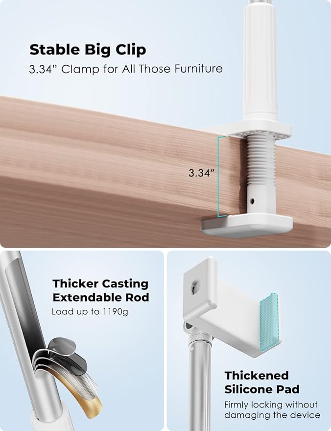 Viozon Phone Holder Flexible Long ArmOverhead Mount360° Angle AdjustableAluminum Alloy C Clamp for Headboard Bedside&ampTable&ampDeskCompatible with 3.5-6.9 PhoneiPhone 16 15 Plus/Pro Max W