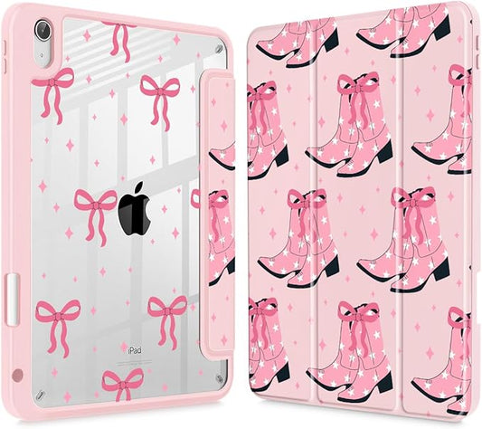May Chen Case for iPad Air 13 Inch M4 2026 M3 2025 M2 2024 [Built-in Pencil Holder] Shockproof Cover with Clear Transparent Back Shell Auto Sleep/Wake Cover Pink Boots Bows