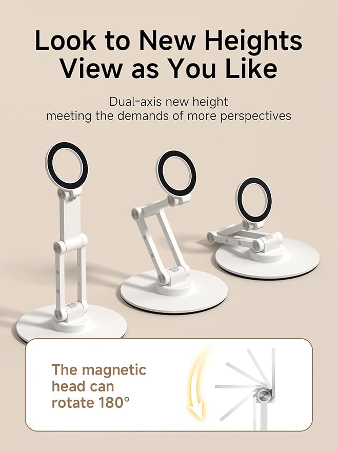 Hagibis Magnetic Phone Stand for MagSafe 360° Rotation Foldable Triaxial Aluminum Desk Phone Holder Height Adjustable for iPhone 17 16 15 Pro Max (White)