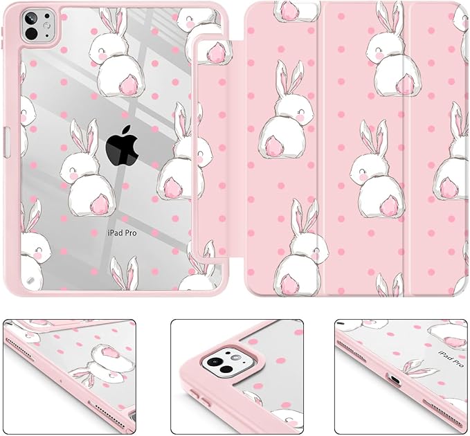 May Chen Case for iPad Pro 11-Inch M5/M4 2025/2024 (6th/5th Generation) [Penceil Holder] Trifold Stand Auto Wake/Sleep Clear TPU Protection Back Cover Cute Rabbit