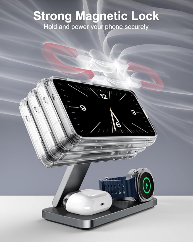 3-in-1 Charging Station for Samsung Magnetic Fast Wireless Charger Stand Compatible with MagSafe for Galaxy S26/S25/S24/S23/Z Fold/Flip Series Galaxy Watch Ultra/8/7/6/5 Galaxy Buds Pro/4/3/2
