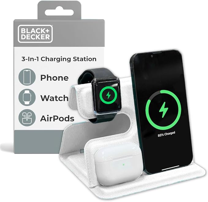 BLACK+DECKER 3 in 1 Charging Station for Apple Multiple Devices Wireless Foldable Travel Charger for Multiple Devices iPhone 17 16 15 14 13 Pro Max Plus Apple Watch Series/AirPods