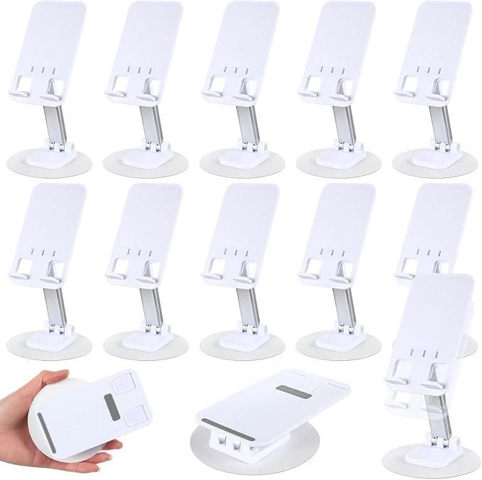 Geelin 12 Pieces 360 White Rotating Phone Stand Desktop Fully Adjustable Foldable Phone Holder with Anti-Slip Pad Lightweight Aluminum Base Tablet Stand for All Phones