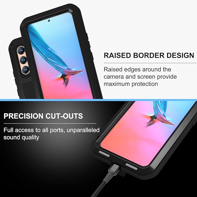 LOVE MEI Military Rugged Case for Samsung Galaxy S22 with Tempered Glass Screen Protector Shockproof Dustproof Scratch Proof Hybrid Metal and Silicone Gel Heavy Duty Full Body Cover Black