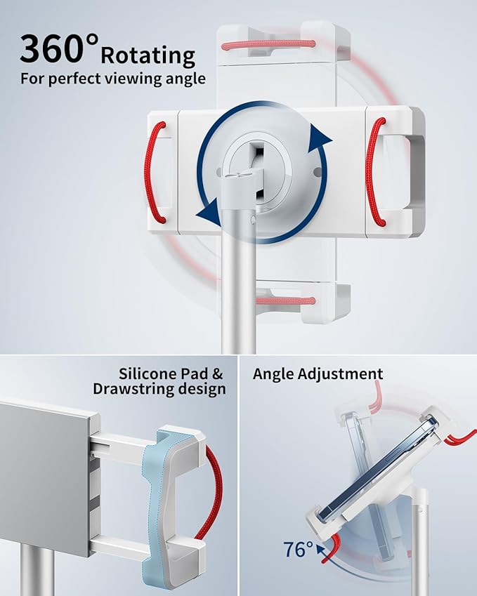 SAIJI Tablet Stand Holder Extra-Height Adjustable Kindle Stand 360 Degree Rotating iPad Holder Aluminum Alloy Cradle Mount Dock for 4.7-15.6 iPhone Samsung Tablets Portable Monitor (Silver)