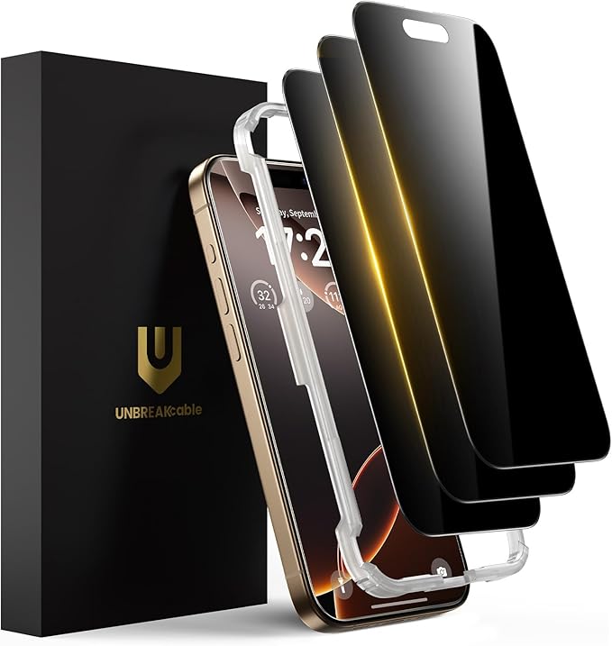 UNBREAKcable Privacy Screen Protector for iPhone 16 Pro (6.3) 25° Anti-Spy Tempered Glass Easy Install Alignment Frame Case-Friendly 9H Hardness Anti-Fingerprint 3-Pack