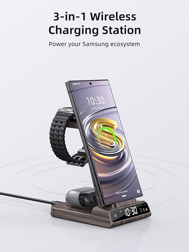 Wireless Charger Samsung Charging Station: 3 in 1 Android Charging Stand with Dimmable Clock - Nightstand Organizer for Galaxy S25 S24 Ultra Galaxy Watch 8 7 6 5 4 Galaxy Buds Space-Saving Charger