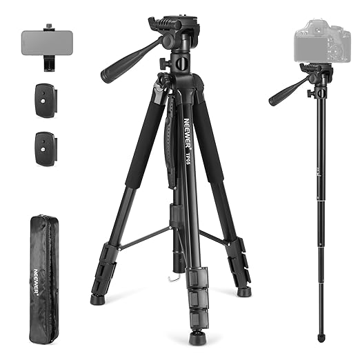 NEEWER Basics TP05 74 Video Tripod Monopod 3 Way Pan Tilt Head Phone Holder Compatible with iPhone DSLR Travel Recording Stand Overhead Camera Mount Crossbar 17.6lb Load