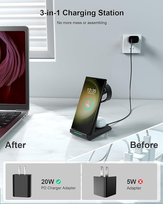 Wireless Charger for Samsung - Nanami 3 in 1 Charging Station for Multiple Devices Fast Charger Stand for Galaxy S26 S25 S24 S23 Ultra S22 Z Flip Fold 7Galaxy Watch 6/5/5 Pro/4/3 Galaxy Buds 2 Pro