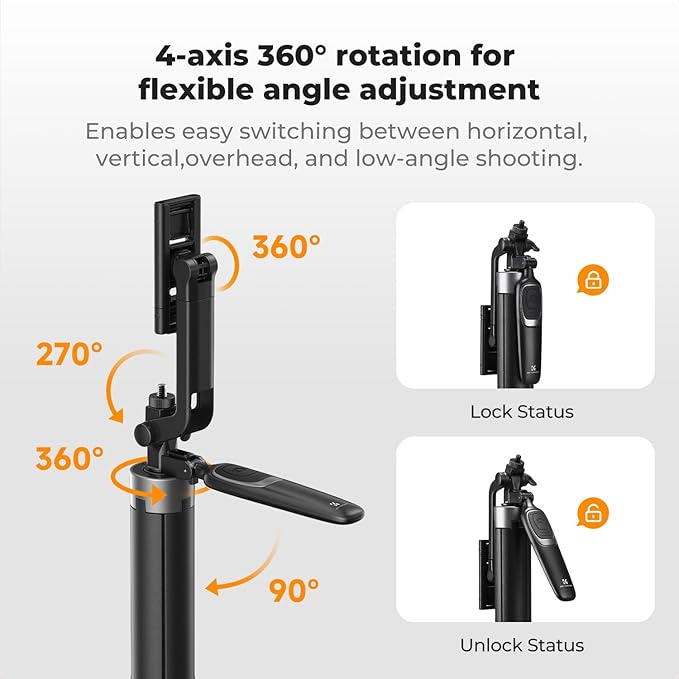 K&ampF CONCEPT 71 Phone Tripod Auto Open Selfie Stick with 4 Legs &amp Stabilizing Handle 360° Rotation Cell Phone Tripod Stand with Wireless Remote Control Compatible with iPhone Android Came