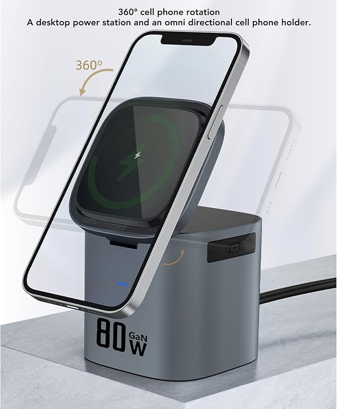 Sanpyl 6 in 1 Wireless Charging Station GaN 80W Wireless Charging Cube with Retractable Cord Support Smartphones Headphones Charging (US Plug)