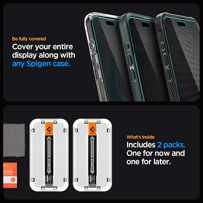 Spigen Tempered Glass Screen Protector [GlasTR EZ FIT - Privacy] Designed for iPhone 15 Pro Max [Case Friendly] - 2 Pack