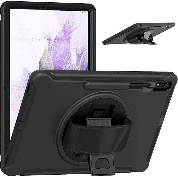 SaharaCase Protection Hand Strap Series Case Cover for Samsung Galaxy Tab S7 FE (2021) and S8 Plus (2022) [Shockproof Bumper] Heavy Duty Rugged Protection Antislip Integrated Kickstand - Black