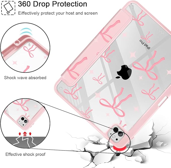 May Chen Case for iPad Pro 11-Inch M5/M4 2025/2024 (6th/5th Generation) Clear Transparent Print Back Shell Slim Stand Shockproof Tablet Cover Auto Wake/Sleep Pink Bows P721