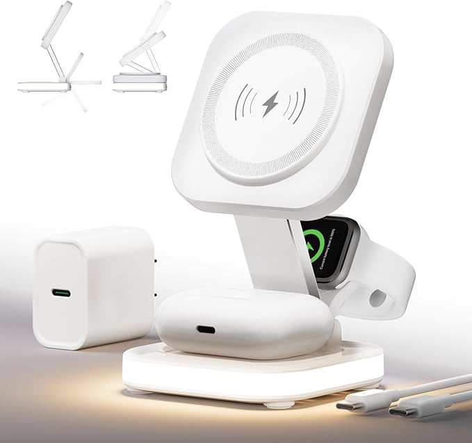 5-in-1 Magnetic Wireless Charging Stand for Apple MagSafe Charger with Night Light for iPhone 17/16/15/14/13/12 Watch AirPods Travel Magnetic Charger Nightstand Charging Station (Adapter Included)