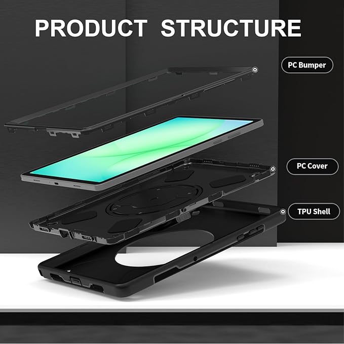Junfire Protective Case for Galaxy Tab A11 Plus 11-inch 2025 with Screen Protector Shockproof Rugged Case for Samsung Tab A11+ with 360°Rotating Kickstand/Hand Strap/Shoulder Belt