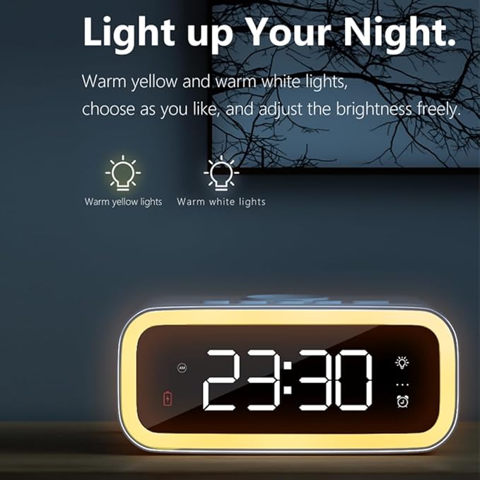 AYI 4in1 Smart Wireless Charging Alarm Clock with Mirror Display | 15W Fast Charger for Phone &amp Earbuds 3 Group Alarms Warm White/Yellow Night Light Temperature Display Extra USB Port-White