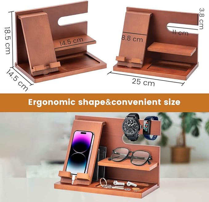 Wood Phone Docking Station - Gifts for Men Desk or Nightstand Organizer - Birthday Gifts for Husband Fathers Day for Dad - Anniversary Idea from Wife - Key Holder Stand Wallet Watch &amp Essential