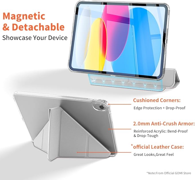 for iPad (A16) 11th/10th Generation Case (2025/2022) - Magnetic Detachable Portrait/Landscape Stand Cover with Hard Shell Back5 Standing AnglesAuto Wake/Sleep Slim &amp LightGray