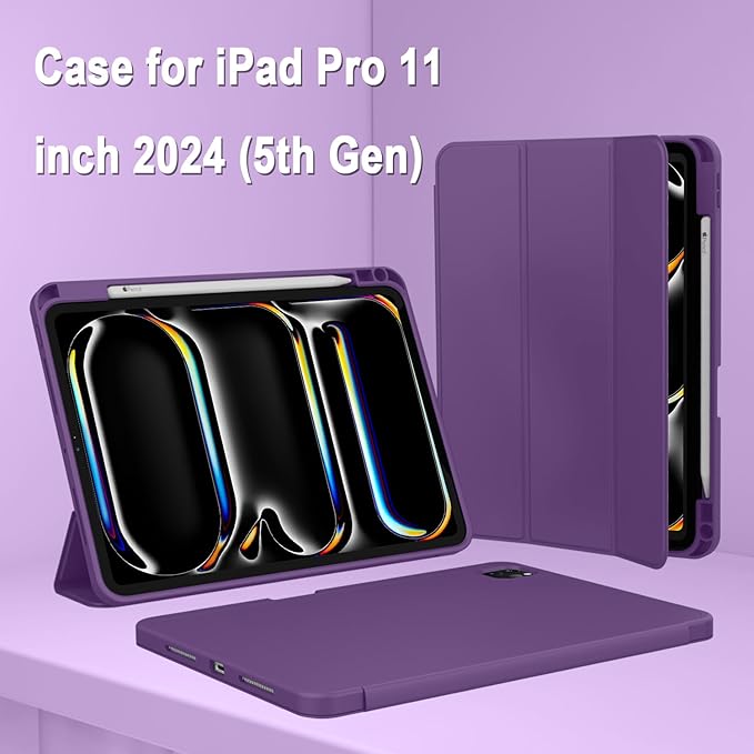 ZryXal iPad Pro 11 Inch Case (M5) 2025/ (M4) 2024 (Model: A2836/A2837/A3006) Trifold Stand Smart Cover with Pencil Holder and Soft TPU Back Auto Wake/Sleep (Dark Purple)