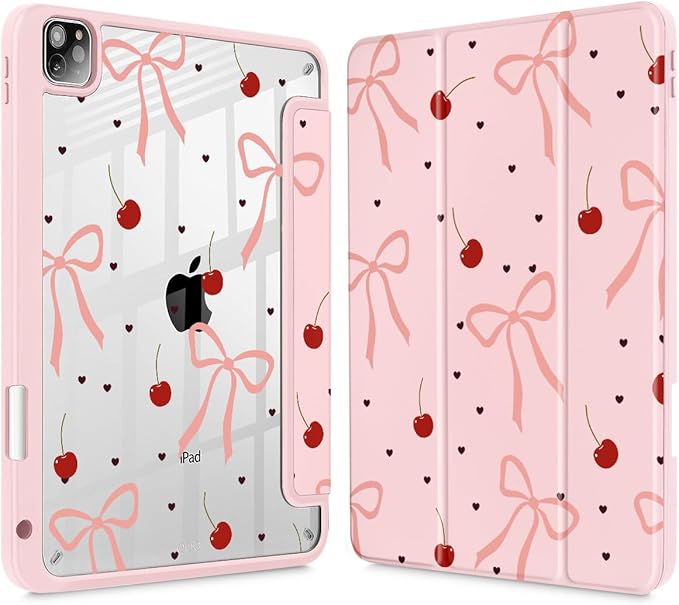 Mektron Case for iPad Pro 11 inch (4th 3rd 2nd &amp 1st Gen) 2022 2021 2020 2018 Buit in Pencil Holder with Shockproof Cover Clear Shell + Auto Wake/Sleep Pink Bows-Hearts