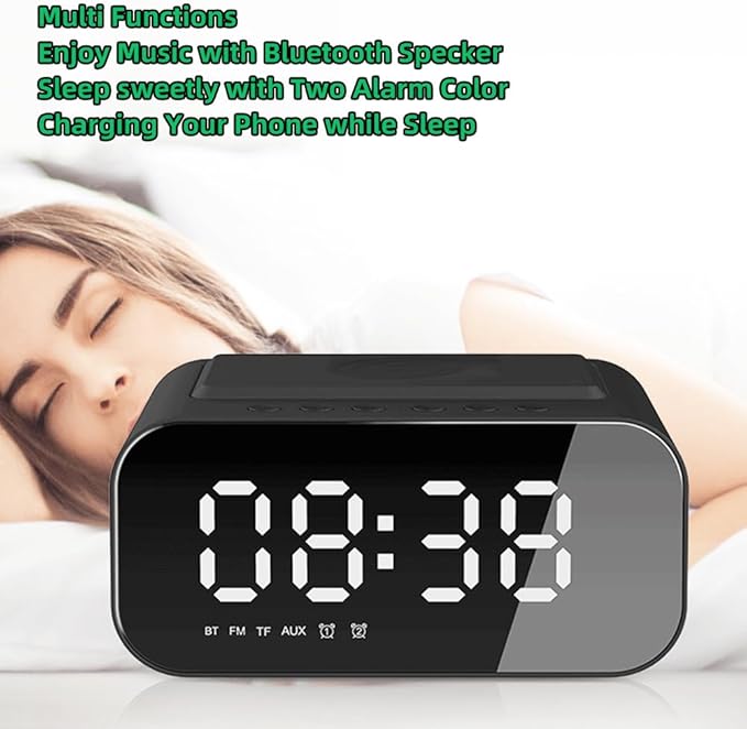 IHAO 7in1 Multifunctional Digital Alarm Clock with 15W Fast Wireless Charger Bluetooth Speaker LED Display Clock FM Radio TF Card AUX Input USB Port Dual Alarm for Bedroom and Office-BT510 Black