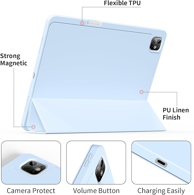 for iPad Pro 13 inch Case (M5/M4) 2025/2024 Slim Protective Cover with Pencil Holder Soft TPU Back Cover Trifold Stand Auto Wake/Sleep A2925 A2926 A3007 A3362 A3359 (Sky Blue)