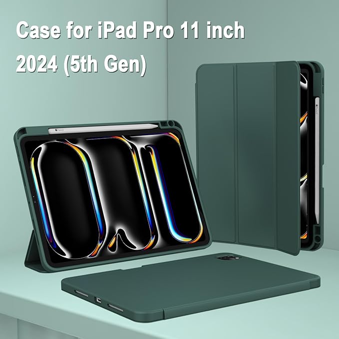 ZryXal iPad Pro 11 Inch Case (M5) 2025/ (M4) 2024 (Model: A2836/A2837/A3006) Trifold Stand Smart Cover with Pencil Holder and Soft TPU Back Auto Wake/Sleep (Update Midnight Green)