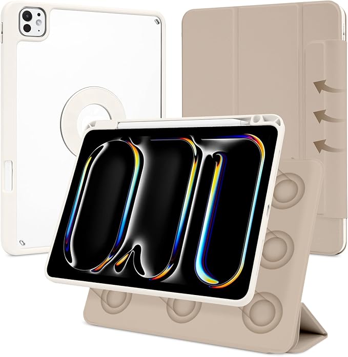 Case for iPad Pro 11 inch M5/M4 (2025/2024 6th/5th Generation) Removable and Detachable Magnetic Cover with Pencil Holder Vertical Adjustable Stand Tri-Fold Multi-Angle Oat Coffee+White