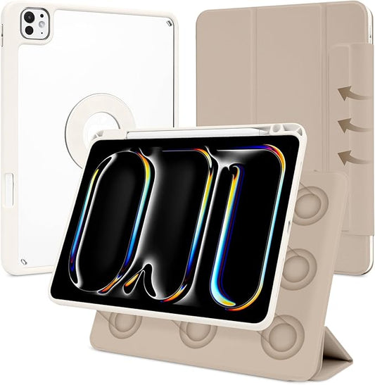 Case for iPad Pro 11 inch M5/M4 (2025/2024 6th/5th Generation) Removable and Detachable Magnetic Cover with Pencil Holder Vertical Adjustable Stand Tri-Fold Multi-Angle Oat Coffee+White