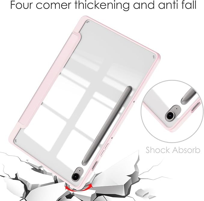 for Samsung Galaxy Tab S10 Lite/ S10 FE/ S9 FE 10.9 Inch Tri-Fold Smart Tablet Case with Pen Holder Shockproof Protective Cover W Transparent Back Shell Auto Wake/SleepPink