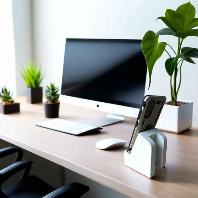 FLOWMAR Marble Phone Stand for Desk – Heavy Quartz Cell Phone Holder Luxury White Marble Phone &amp Tablet Stand Stable iPhone Stand for Desk Case Friendly Charging Compatible