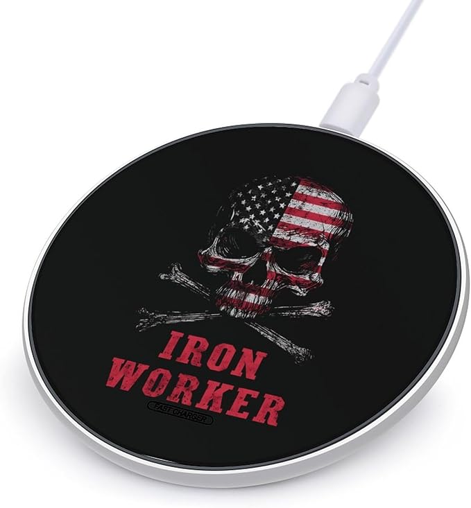 Skull Iron Worker U.S.A Flag Fast Portable Charger 10W Funny Graphic Phone Charging Pad with USB Cable