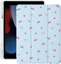 Cute Kawaii Cherry Bow for iPad mini 7 A17 Pro 2024/iPad Mini 6 Case with Pencil Holder Auto Sleep/Wake Blue Leather Soft TPU Back Cover