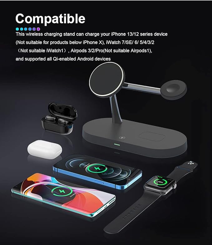 5 in 1 Magnetic Wireless Charging Stand 15W Fast Mag-Safe Charging Station Design for iPhone 15/14/13/12 Series iWatch 7/SE/6/5/4/3/2 Airpods 3/2/Pro