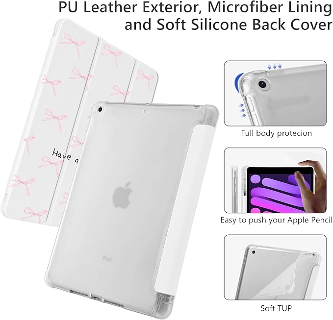 Cute Kawaii Pink Bow for iPad 5th/6th Generation Case with Pencil Holder Auto Sleep/Wake Leather Soft TPU Back Cover for iPad 9.7 Inch
