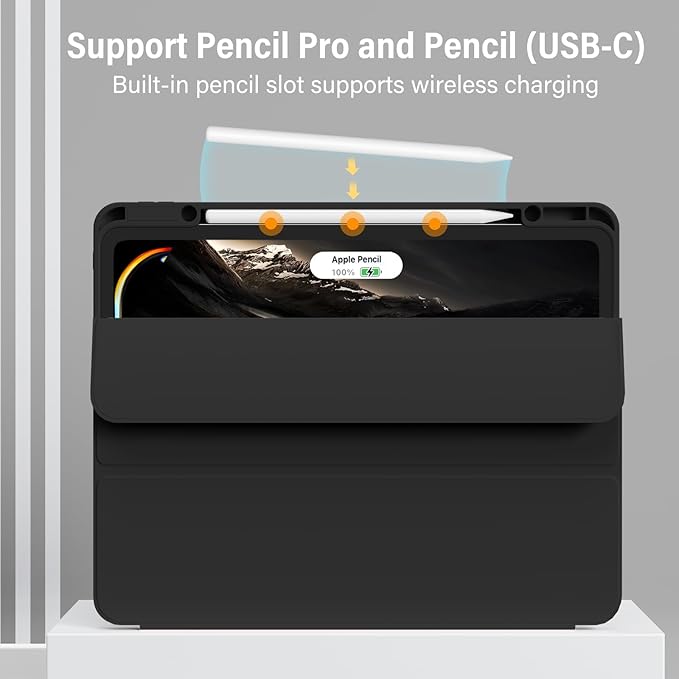 for iPad Pro 13 inch Case (M5/M4) 2025/2024 Slim Protective Cover with Pencil Holder Soft TPU Back Cover Trifold Stand Auto Wake/Sleep A2925 A2926 A3007 A3362 A3359 (Black)