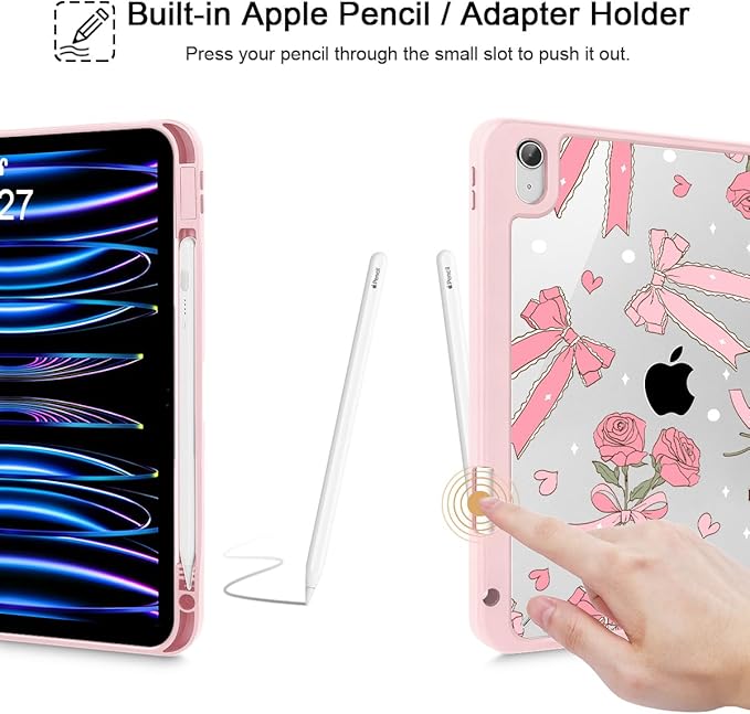 Tuiklol Case for iPad 11 inch (A16 Chip) 2025 Gen 11th / iPad 10.9 inch 2022 10th Gen Buit in Pencil Holder with Shockproof Cover Clear Transparent Back Shell Auto Wake/SleepBow &amp Rose