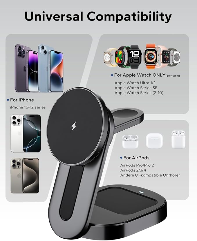 KPON 3 in 1 Magsafe Charging Station for Nightstand Wireless Fordable Charger Stand for iPhone 16 15 14 13 12 Pro Max Travel Magnetic Charging Stand for Apple Watch/Airpods