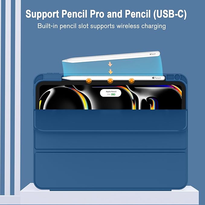 ZryXal New iPad Pro 13 Inch Case (M5) 2025 / (M4) 2024 with Pencil Holder Smart iPad Case [Support Pencil Pro and Pencil (USB-C)] Support Touch ID and Auto Wake/Sleep (New Navy Blue)