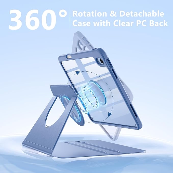 Wenlaty for iPad (A16) 11th Generation Case 11 Inch 2025 for iPad 10th Generation Case 10.9 Inch 2022 with Pencil Holder 360° Rotating Protective Stand Cover Detachable Magnetic Back Bluemist