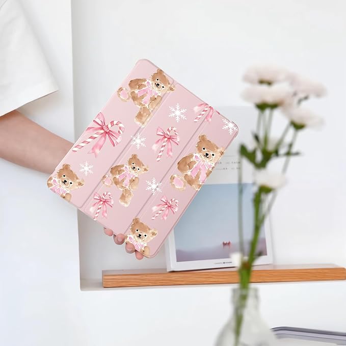 Cute Christmas Cane Bear for iPad (A16) 11th Generation Case 11 Inch 2025 for iPad 10th Generation Case 10.9 Inch 2022 with Pencil Holder Auto Sleep/Wake Pink Leather Soft TPU Back Cover