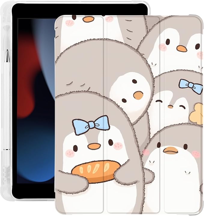 Cute Kawaii Penguin for iPad Air 3 Case with Pencil Holder Auto Sleep/Wake White Leather Soft TPU Back Cover for iPad Pro 10.5 Inch 2017