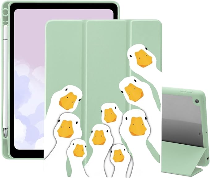 Funny Goose Case for iPad (A16) 11th Generation 2025 11 Inch/iPad 10th Generation 2022 10.9 Inch with Pencil Holder Trifold Stand Green Leather Girly Cover Clear Back Shell Auto Wake/Sleep