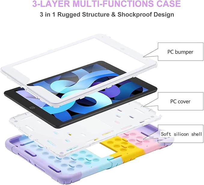 XZC iPad 9th/8th/7th Generation Case (iPad 10.2 Case 2021/2020/2019) Shockproof Drop Protection iPad Cover with Pencil Holder Kickstand Shoulder Strap (Rainbow 2)